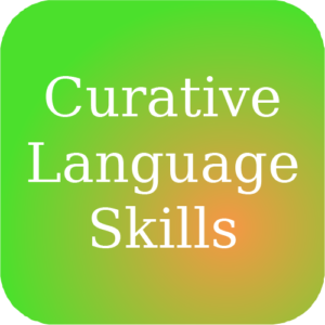 A green background with the words curative language skills